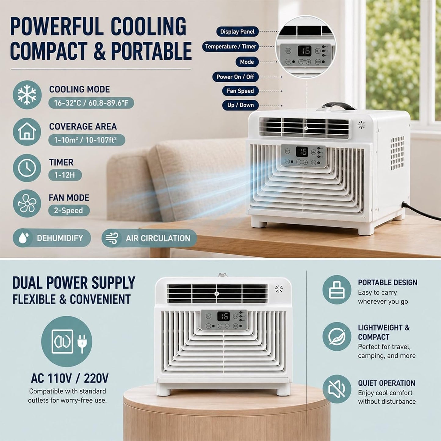  Climatiseur Mobile Pour Camion, Bateau Et Camping-Car, Petit Climatiseur Portable à Compresseur Avec Modes Refroidissement, Déshumidification, Ventilation Et Télécommande