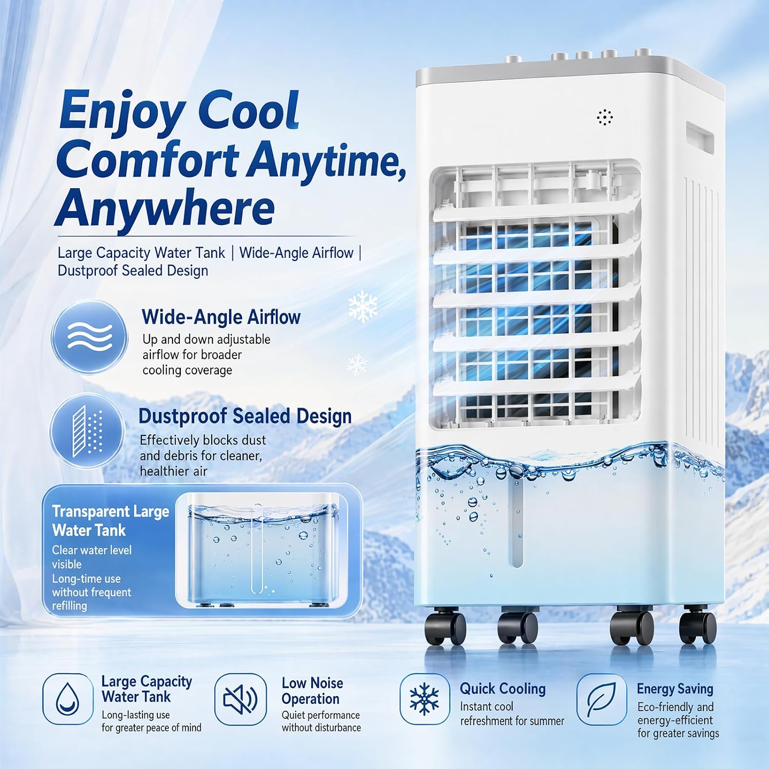  4 En 1 Climatiseur Mobile Silencieux 6L Sans Tuyau D’Évacuation,Rafraîchisseur D’Air Évaporatif,Silencieux Avec Télécommande,4 Blocs Réfrigérants,3 Vitesses,Minuterie 7.5H,pour Chambre,Salon,Bureau