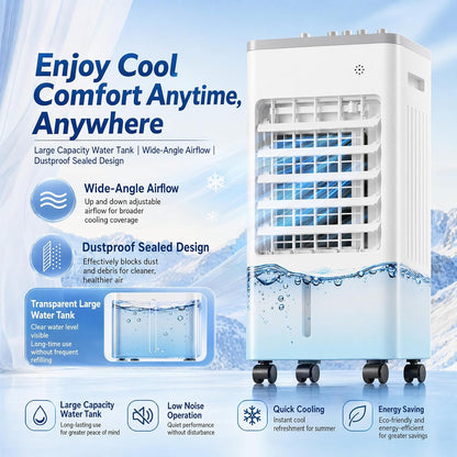 4 En 1 Climatiseur Mobile Silencieux 6L Sans Tuyau D’Évacuation,Rafraîchisseur D’Air Évaporatif,Silencieux Avec Télécommande,4 Blocs Réfrigérants,3 Vitesses,Minuterie 7.5H,pour Chambre,Salon,Bureau