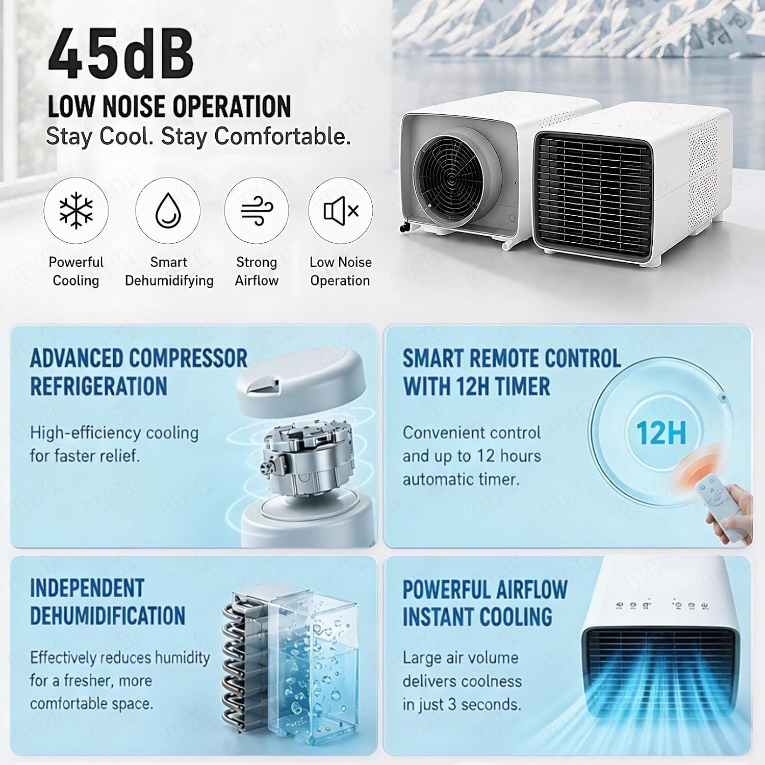 AC Portable Avec Compresseur, 3 En 1 Mini Unité De Refroidissement Pour La Chambre à Coucher.Déshumidificateur, Mode Ventilateur.Tranqueur 45dB, Télécommande Intelligente.Conception Compacte Et Légère