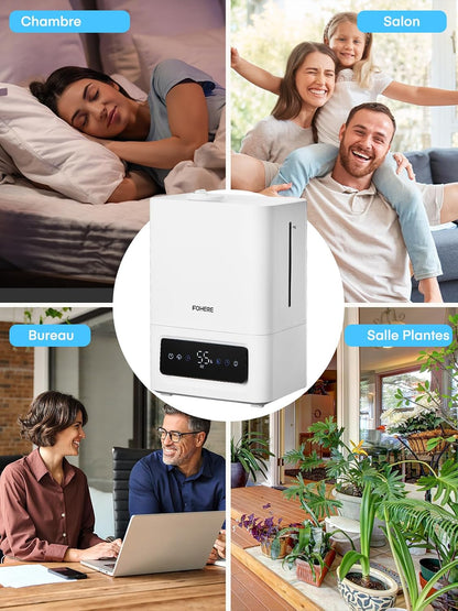  FOHERE Humidificateur D'air Chambre 6L, 60H Fonctionnement, 28dB Ultra-Silencieux, Humidifier Pour Grandes Pièces, Chambre, Bébé, Capteur D'Humidité, Minuterie 16H, Veilleuse, Diffuseur D'Huiles