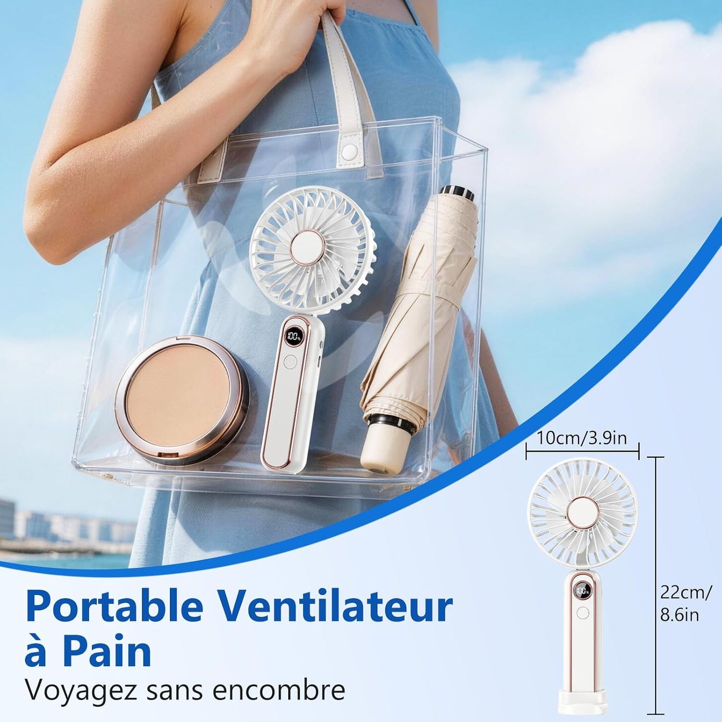  Mini Ventilateur Portable, 6 Vitesses Ventilateur Portable A Main USB Rechargeable, Affichage LCD, Silencieux, Petit Ventilateur De Poche Pliable Pour Voyage, Bureau, Maison, Extérieur