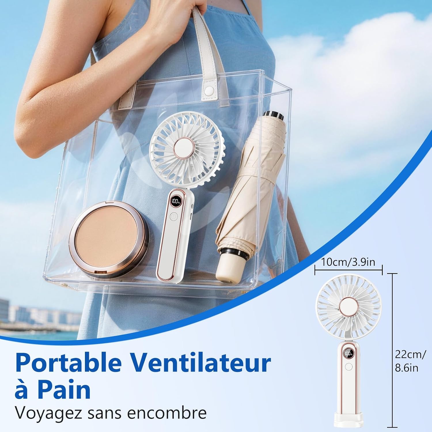  Mini Ventilateur Portable, 6 Vitesses Ventilateur Portable A Main USB Rechargeable, Affichage LCD, Silencieux, Petit Ventilateur De Poche Pliable Pour Voyage, Bureau, Maison, Extérieur