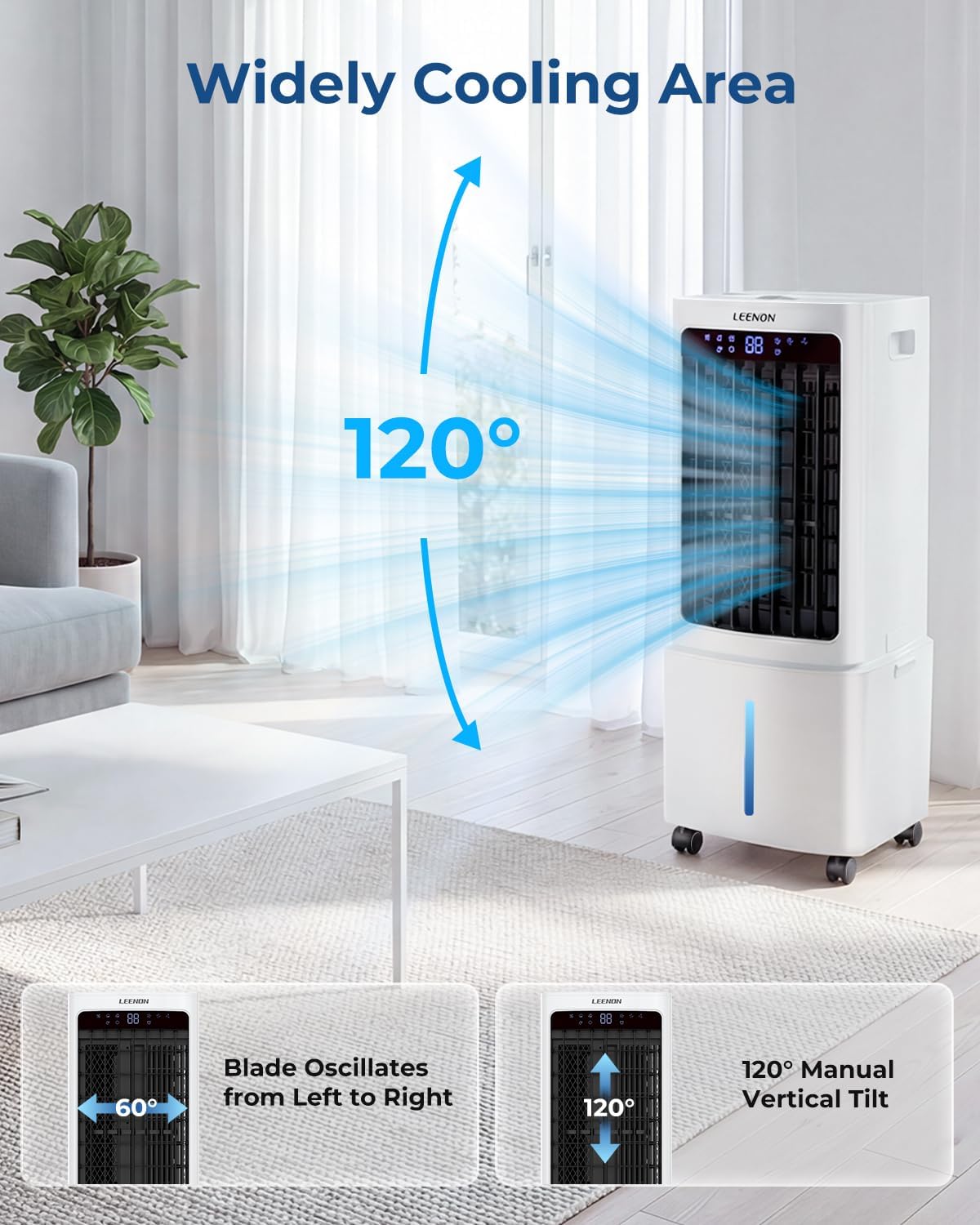  LEENON 9L Climatiseur Mobile Avec Télécommande, Rafraichisseur D'air Silencieux Avec Oscillant Et 3 Vitesses, 3 Modes, Minuterie 12H Climatisation Portable Pour La Maison Et Le Bureau - Blanc