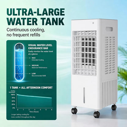  Climatiseur Évaporatif 4 En 1 Avec Réservoir 12L Et Télécommande，3 Vitesses, Oscillation 90°-120°, Minuterie 7,5 H, 4 Blocs De Glace Inclus, Roulettes Mobiles (White 12L)