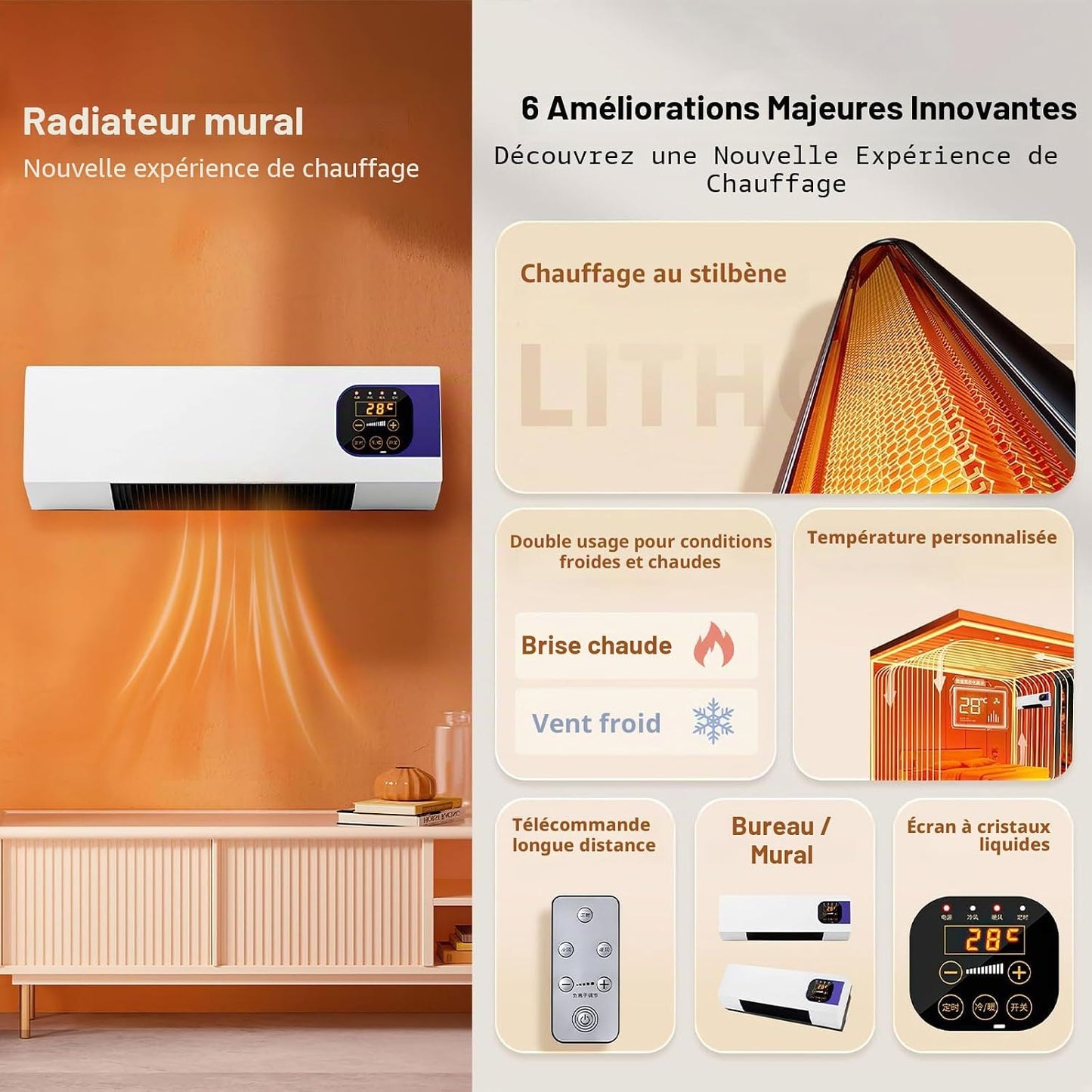  Kouamor Climatiseur Mural Et Radiateur Soufflant 1 En 1, 2 000 W, Portable, Petit Climatiseur, Avec Télécommande, Température De L'air Froid Non Réglable, Disponible Toute