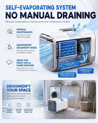  Unité De Climatisation Portable 4777 BTU, 4-en-1 Ventilateur De Refroidissement Déshumidificateur, DC Car RV Power, Mode De Sommeil Silencieux Auto-évaporateur Pour La Tente De Camping Van Home Intéri