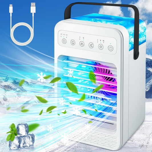  Climatiseur Portable, écran Tactile Avec 4 Vitesses, Réservoir De 600 Ml, Minuteries De 2 à 4 à 6 Heures Et Lumières LED, Unité AC Portable, Mini Ventilateur De Refroidissement Personnel Pour Chambre