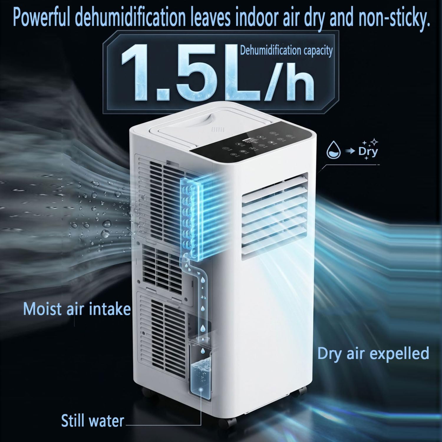  Climatiseur Portable, Climatisation Intelligente Silencieuse Refroidit Jusqu'à 300 Pieds Carrés Avec Ventilateur Et Déshumidificateur, Télécommande D'affichage LED, Minuterie 24H, Kit De Fenêtre Pour