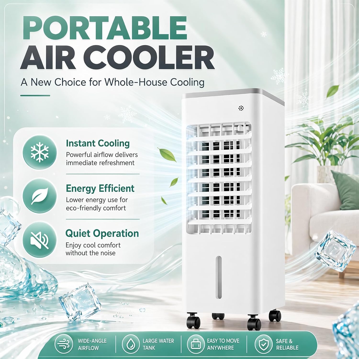  4 En 1 Climatiseur Mobile Silencieux 6L Sans Tuyau D’Évacuation,Rafraîchisseur D’Air Évaporatif,Silencieux Avec Télécommande,4 Blocs Réfrigérants,3 Vitesses,Minuterie 7.5H,pour Chambre,Salon,Bureau