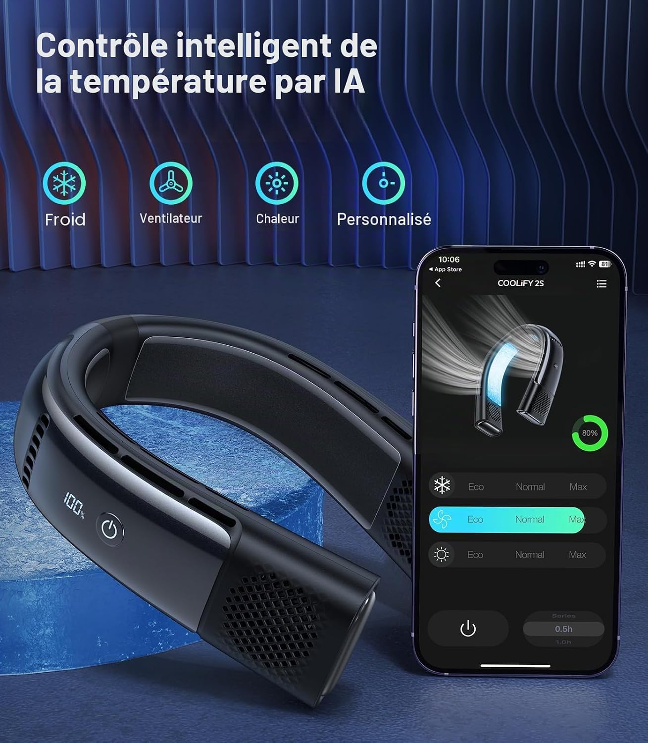  TORRAS COOLiFY 2S Ventilateurs De Cou Qui Soufflent De L'air Froid [version Limitée], Climatiseur De Cou Avec Batterie Longue, Ventilateur De Cou à Changement Orange-bleu, Ventilateur De Cou