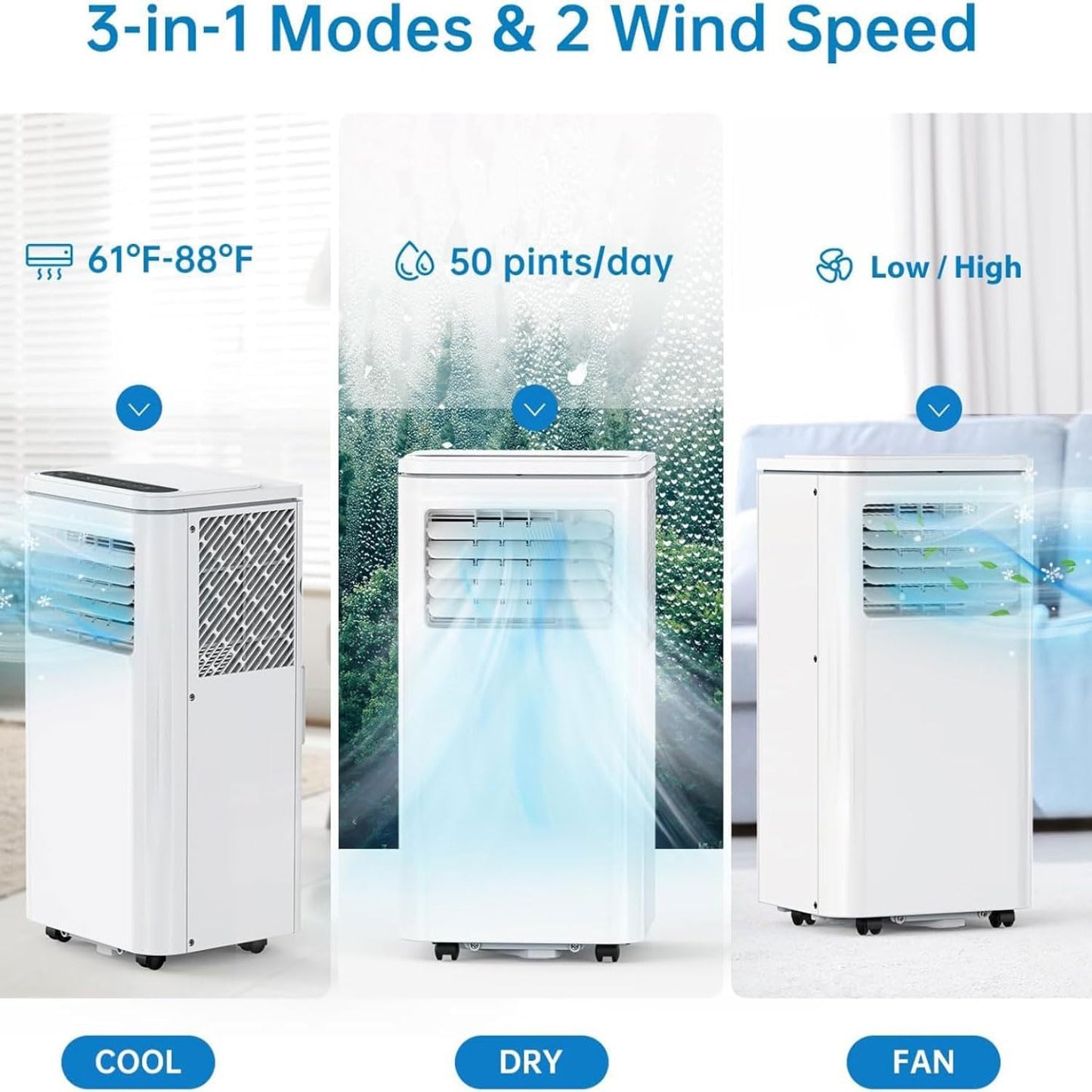  Climatiseur Portable Intelligent Silencieux, Déshumidificateur Intégré Et Modes De Ventilateur Pour Les Chambres Jusqu'à 350 Pieds Carrés, Télécommande, Minuterie 24H, Kit D'installation