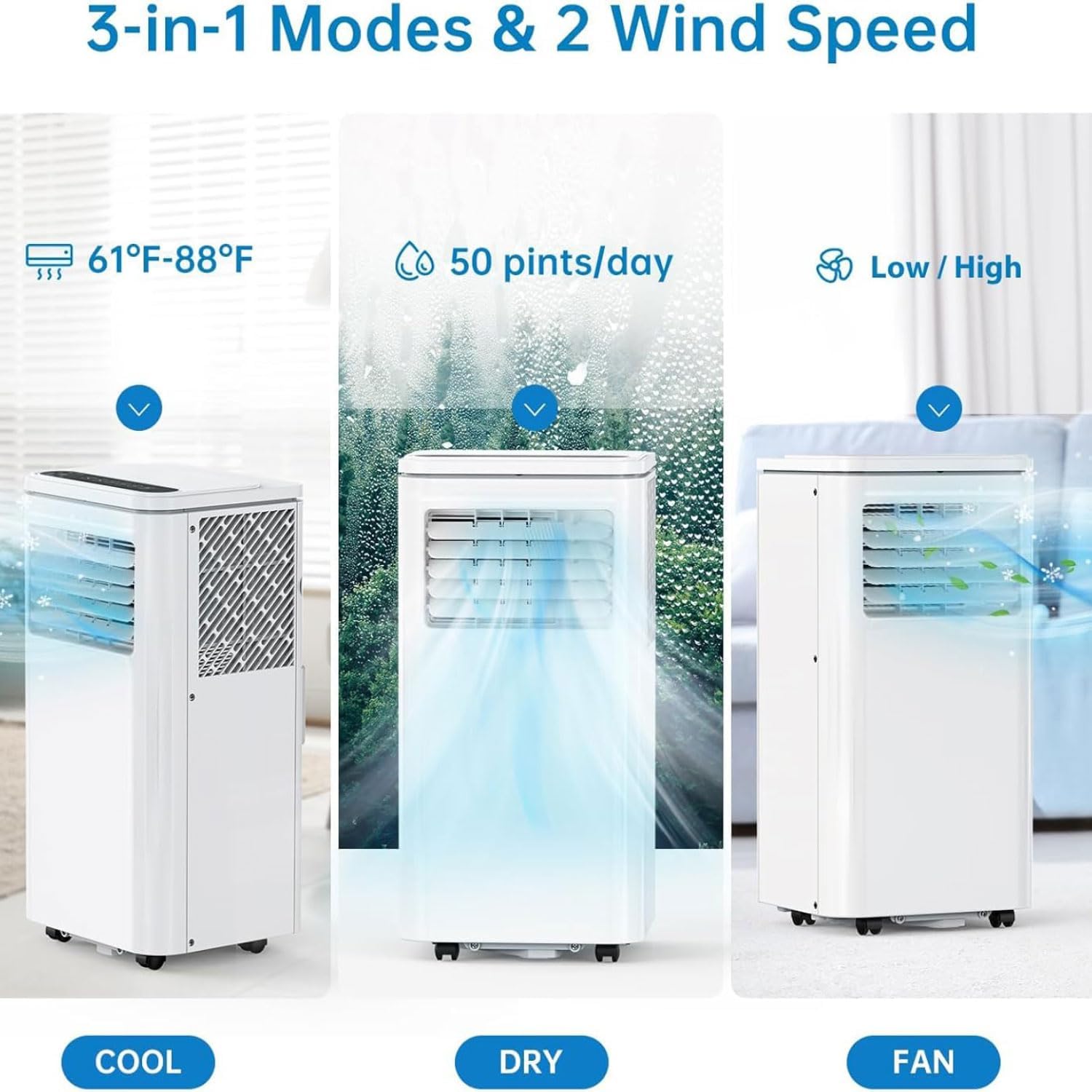  Climatiseur Portable Intelligent Silencieux, Déshumidificateur Intégré Et Modes De Ventilateur Pour Les Chambres Jusqu'à 350 Pieds Carrés, Télécommande, Minuterie 24H, Kit D'installation