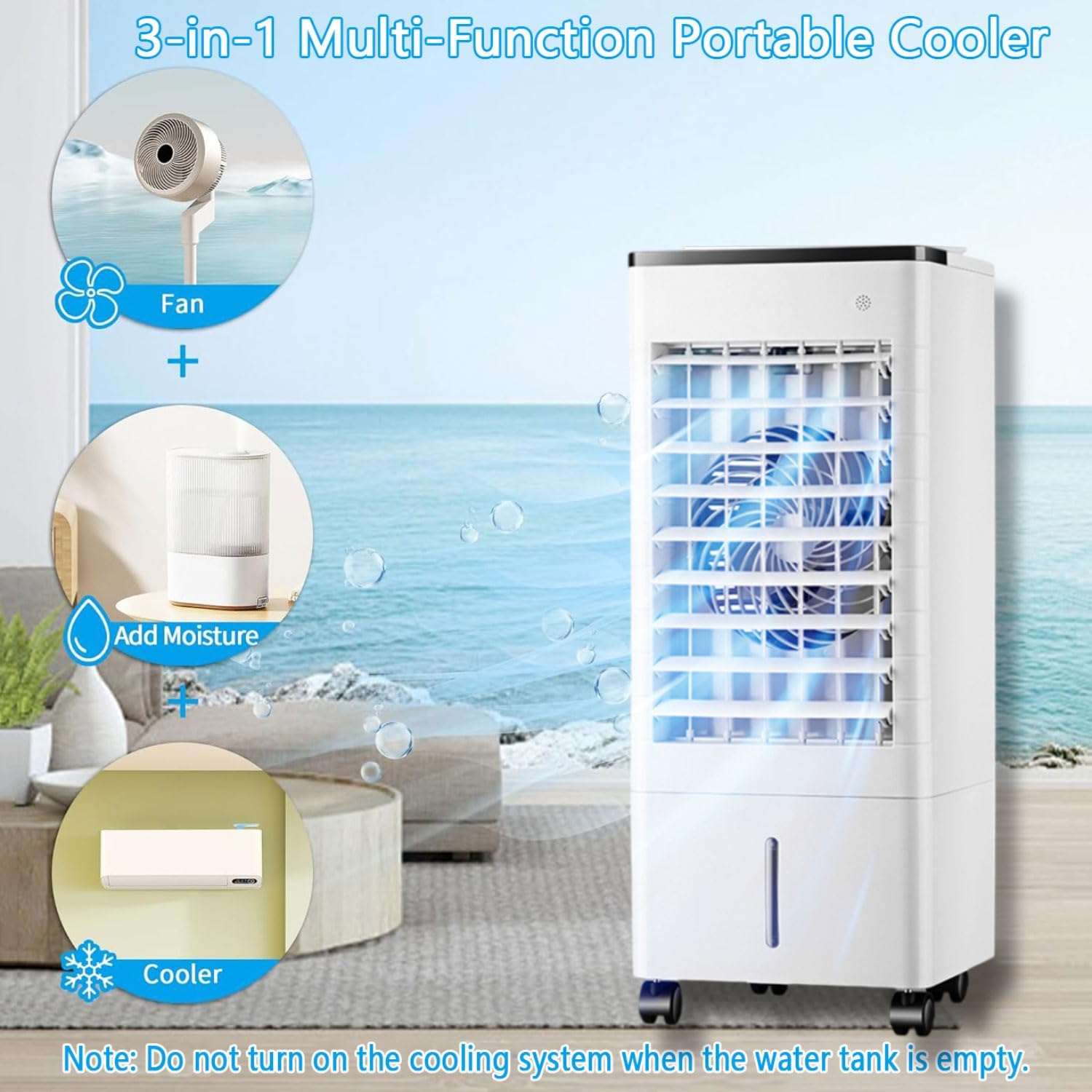 GENERIC Refroidisseur D'air Par évaporation, Climatiseur Portable à Oscillation à 90° Avec 3 Vitesses, 3 Modes, Minuterie 15 H, Réservoir D'eau 9 L, Télécommande, Ventilateur De Refroidissement Port
