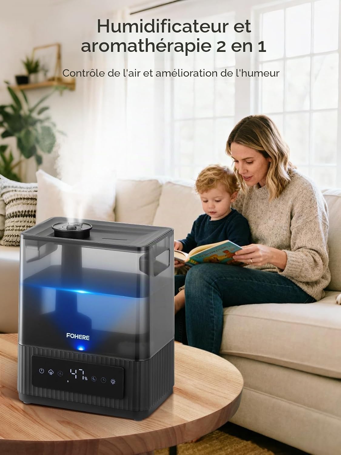  6L Humidificateur D'air Chambre à Brume Froide Silencieux, Autonomie 60H Et Minuterie 12H, Humidificateur Avec Capteur D'humidité Précis, Remplissage Par Le Haut Pour Grandes Pièces Et Salon, Noir