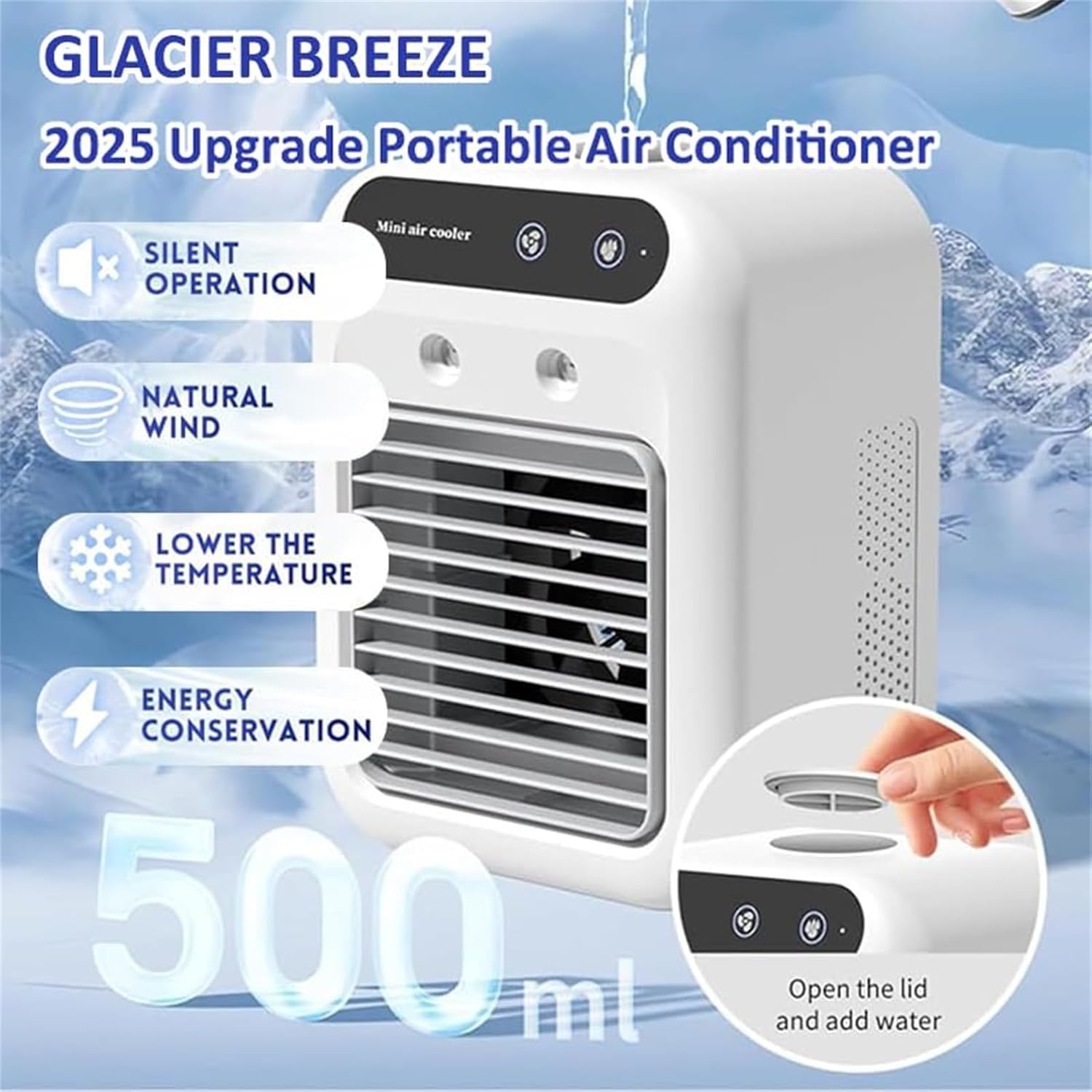 GENERIC Glacier Breeze Ac, Mini Refroidisseur D'air AC Portable Avec 2 Vitesses, Climatiseur Ultra Silencieux Avec Réservoir D'eau Intégré De 500 Ml Pour La Maison, Le Bureau