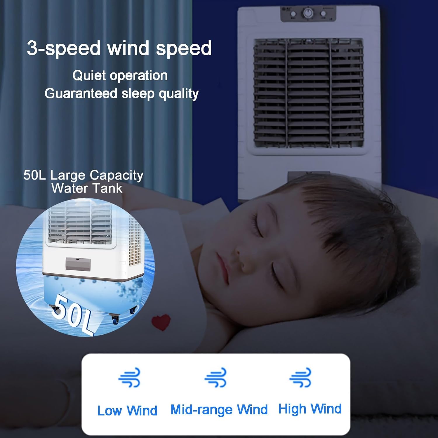 GENERIC Refroidisseur D'air évaporatif Portable, Refroidisseur De Marais Avec Oscillation à 120°, Réservoir D'eau De 50 L, 3 Vitesses, 6 Blocs De Glace, Pour Grande Pièce, Terrasse, Garage