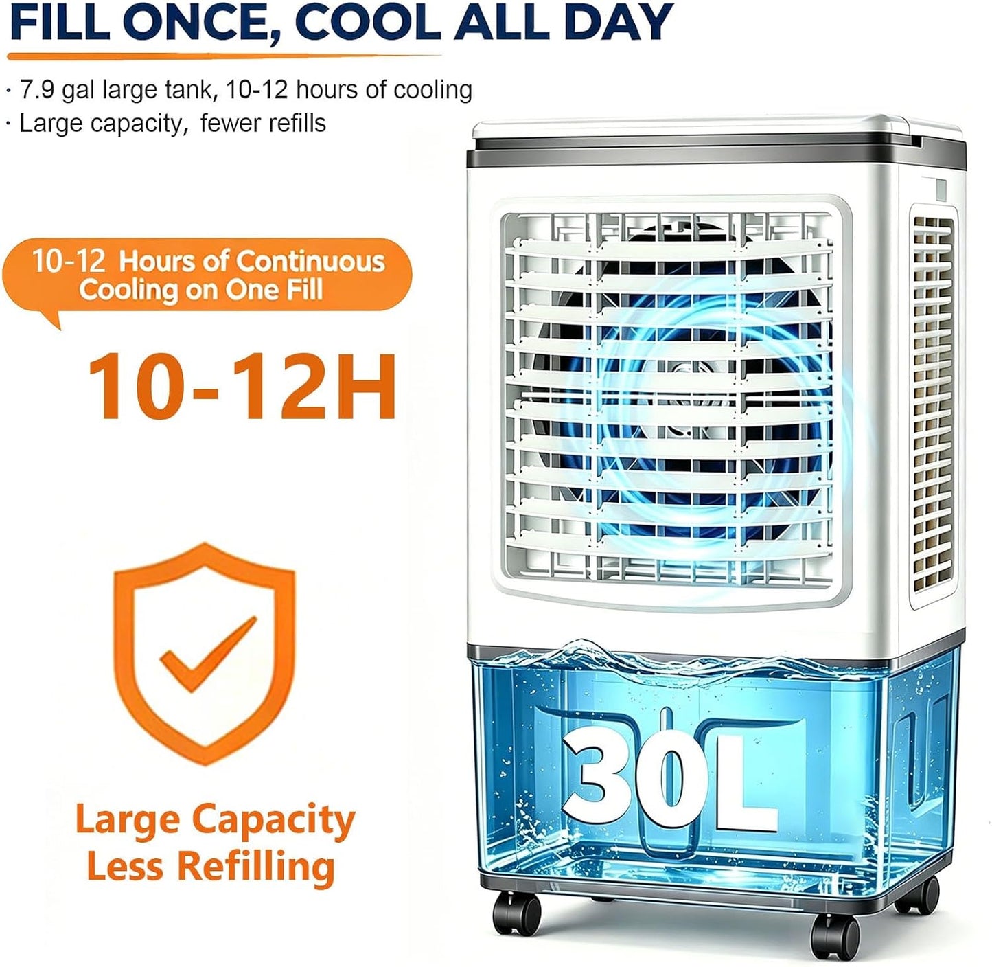 GENERIC Ventilateur Refroidisseur D'air 3 En 1, Réservoir D'eau 30 L, Rideau Triple Côté, Balançoire à 120°, 3 Vitesses De Ventilateur, Avec Blocs De Glace, For Camping-car Et Tente De Camping