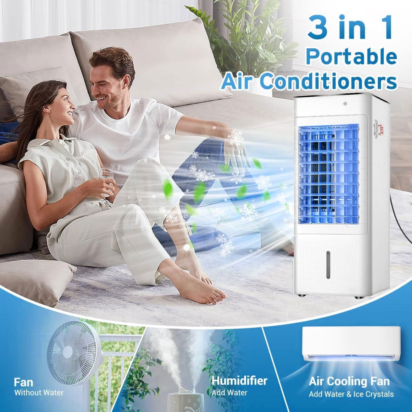 GENERIC Refroidisseur D'air Portable Avec Télécommande, 3 Vitesses Et 12H Minuterie.7L Double Réservoir évaporatif AC Pour Bureau De Chambre.Ventilateur De Ruse Silencieux à épargner D'énergie.