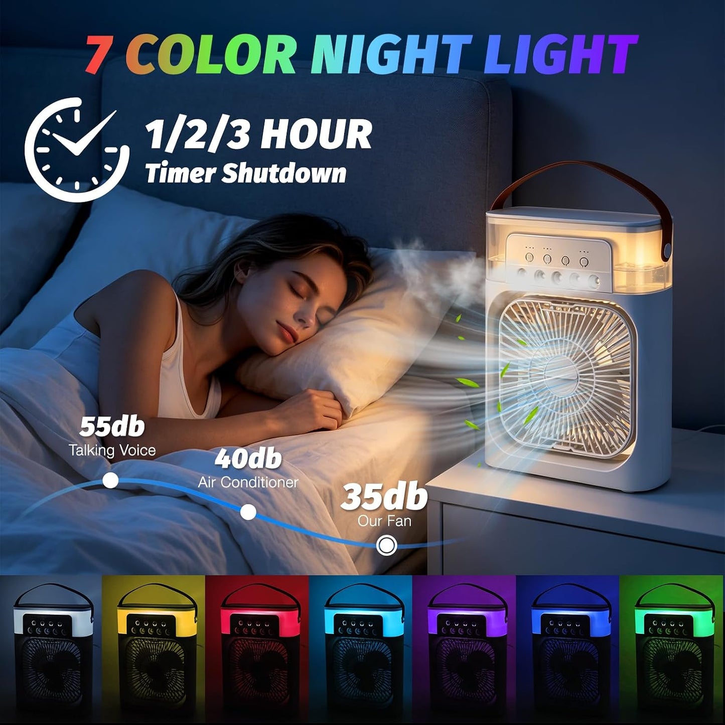  Foreverup Climatiseur Mobile Portable, Mini Refroidisseur D'air Avec Diffuseur D'eau, Mini Air Climatiseur Ventilateur Avec 3 Velocità, Timer, 7 Lumières LED Pour La Maison,la Chambre(Blanc)