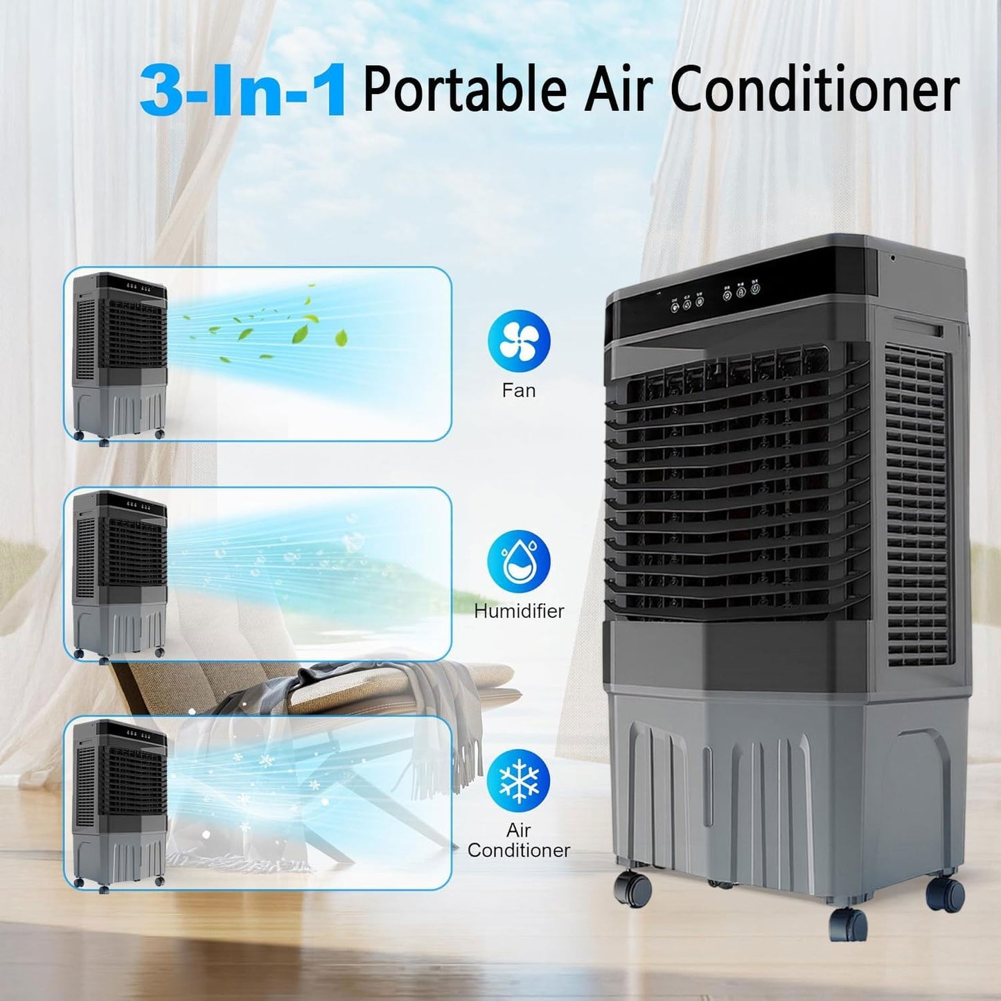 GENERIC Refroidisseur D'air évaporatif Portable Avec 4 Packs De Glace Et Grand Réservoir, 120 Ventilateur Oscillant Automatique, 3 Vitesses, Mode De Sommeil Silencieux Pour Le Garage De Bureau De Chambre