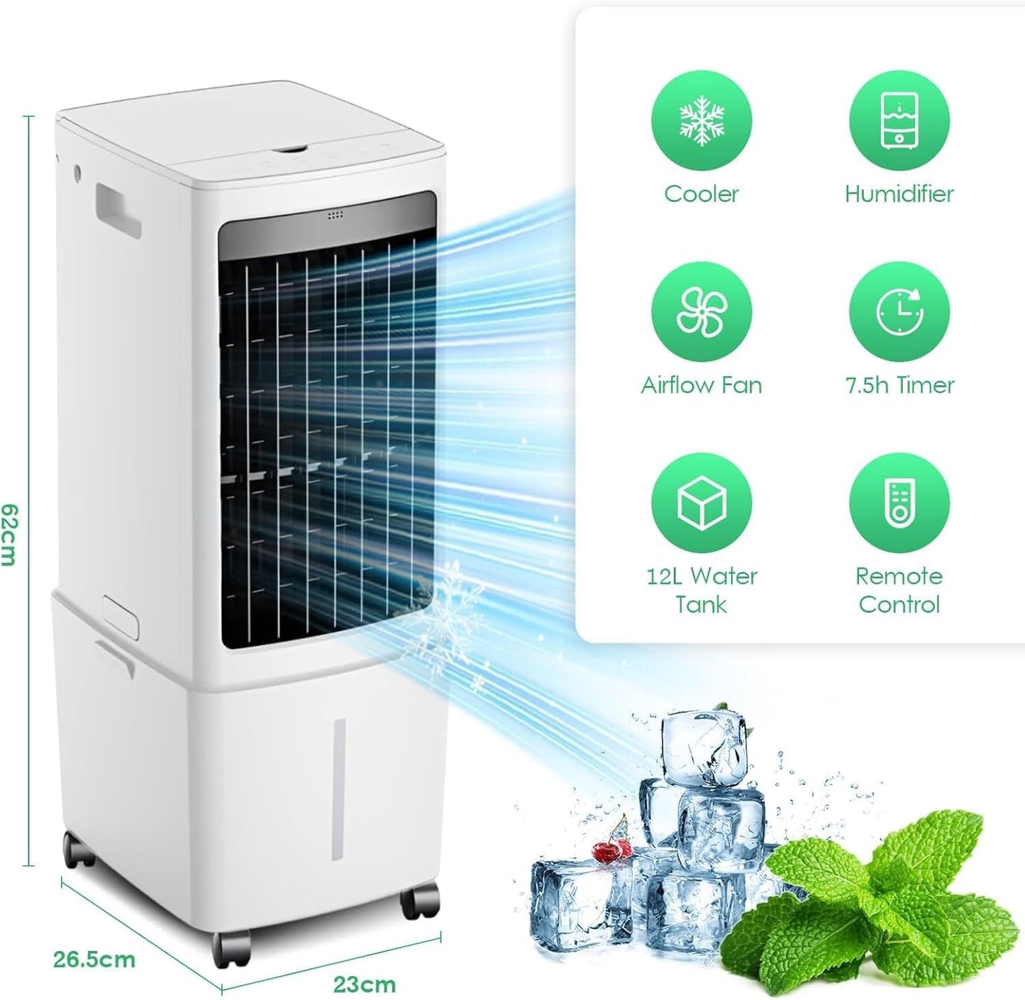 GENERIC Refroidisseur D'air évaporatif Portable, 3100 CFM, Refroidisseur De Marais Avec 3 Modes Et 3 Vitesses, Oscillation à 120°, Minuterie De 0 à 7,5 H, Pour Terrasse, Garage, Refroidissement Extérieur