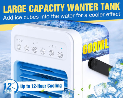  Climatiseur Portable, écran Tactile Avec 4 Vitesses, Réservoir De 600 Ml, Minuteries De 2 à 4 à 6 Heures Et Lumières LED, Unité AC Portable, Mini Ventilateur De Refroidissement Personnel Pour Chambre