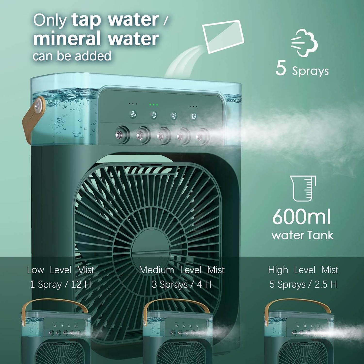 GENERIC Ventilateur Portable 3 En 1 Avec Lumière LED, 3 Vitesses, Brume, Alimenté Par USB, Refroidisseur D'air Par évaporation Pour La Maison, Le Bureau, L'extérieur