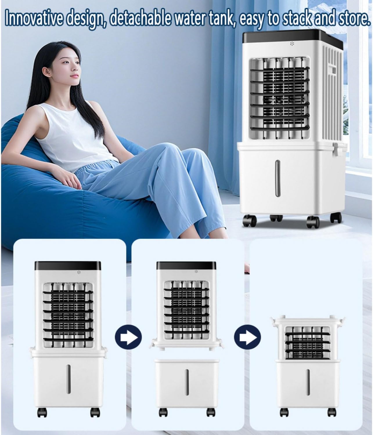 GENERIC Ventilateur Portable Pour Climatiseur Par évaporation 75 W Avec Réservoir D'eau De 15 L, 4 Blocs De Glace, 3 Vitesses, Oscillation à 90°, Silencieux 50 DB Pour La Maison Et Le Bureau