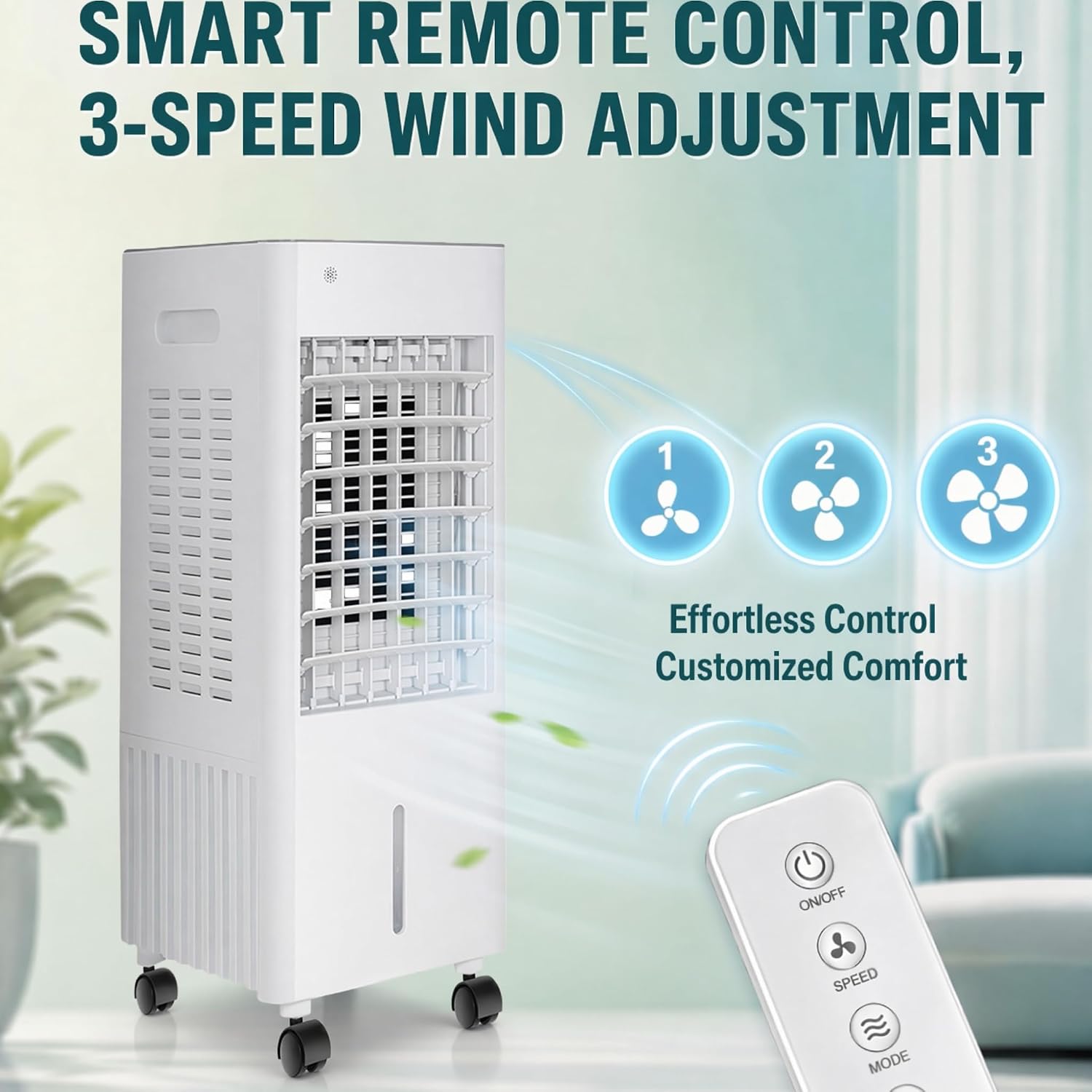 Climatiseur Évaporatif 4 En 1 Avec Réservoir 12L Et Télécommande，3 Vitesses, Oscillation 90°-120°, Minuterie 7,5 H, 4 Blocs De Glace Inclus, Roulettes Mobiles (White 12L)