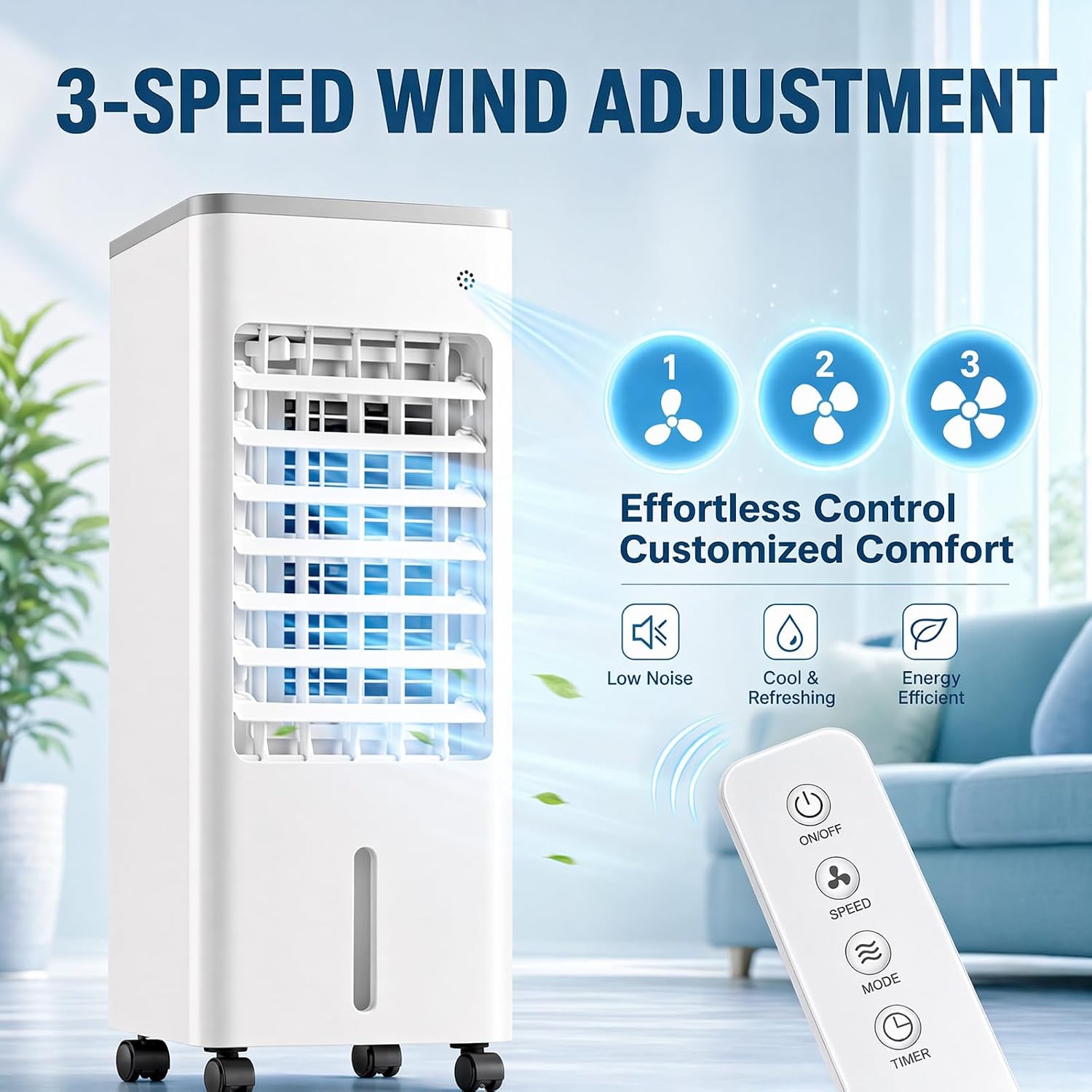  4 En 1 Climatiseur Mobile Silencieux 6L Sans Tuyau D’Évacuation,Rafraîchisseur D’Air Évaporatif,Silencieux Avec Télécommande,4 Blocs Réfrigérants,3 Vitesses,Minuterie 7.5H,pour Chambre,Salon,Bureau