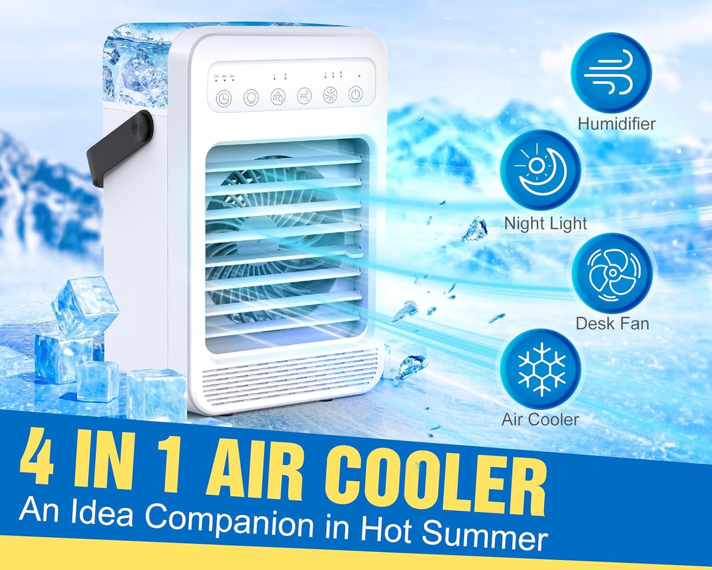  Climatiseur Portable, écran Tactile Avec 4 Vitesses, Réservoir De 600 Ml, Minuteries De 2 à 4 à 6 Heures Et Lumières LED, Unité AC Portable, Mini Ventilateur De Refroidissement Personnel Pour Chambre