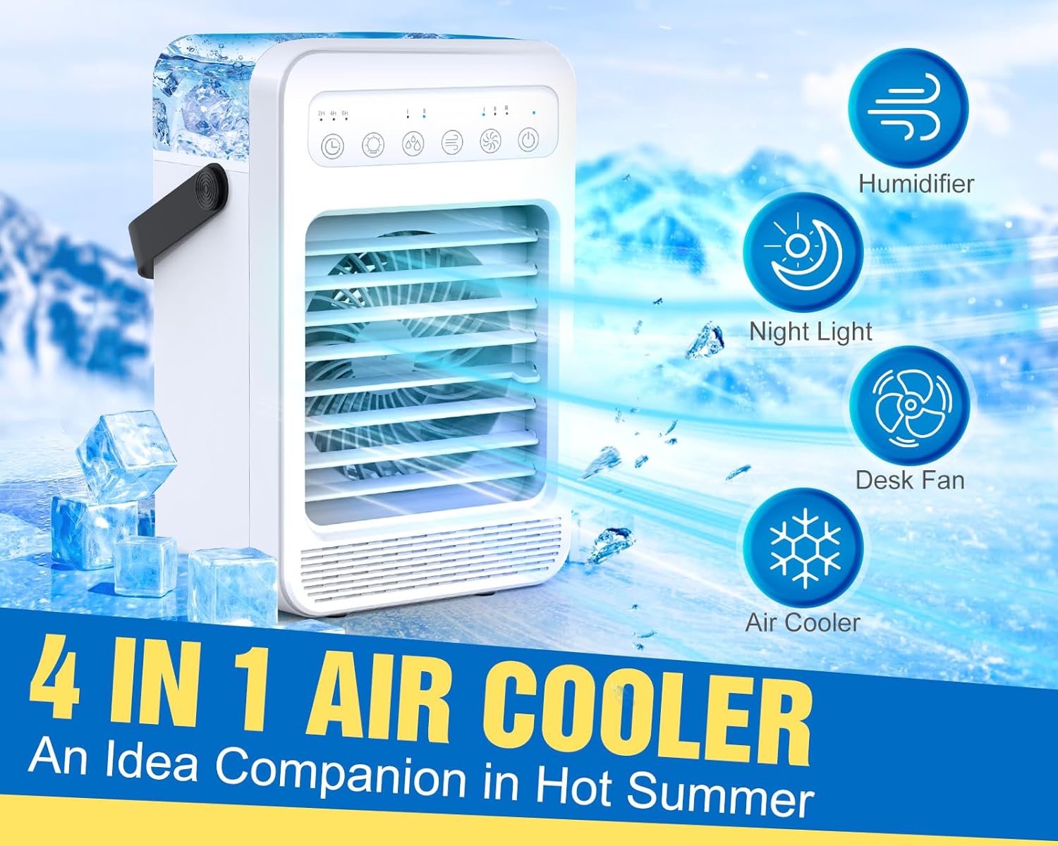  Climatiseur Portable, écran Tactile Avec 4 Vitesses, Réservoir De 600 Ml, Minuteries De 2 à 4 à 6 Heures Et Lumières LED, Unité AC Portable, Mini Ventilateur De Refroidissement Personnel Pour Chambre