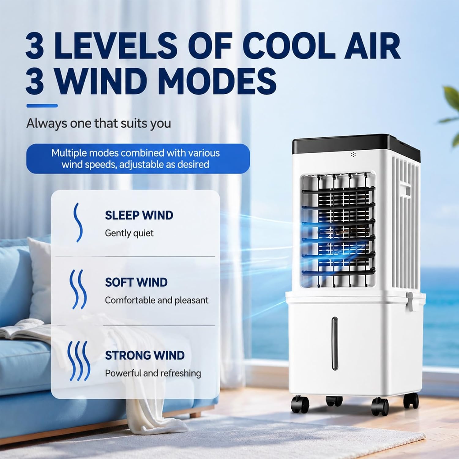  Rafraichisseur D'air Portable, Refroidisseur à Marais Avec Réservoir D'Eau Amovible De 10 L, Climatiseur Sans Fenêtre Oscillant à 3 Vitesses Pour Pièce, Chambre Et Bureau