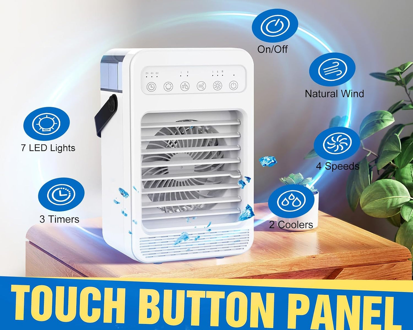  Climatiseur Portable, écran Tactile Avec 4 Vitesses, Réservoir De 600 Ml, Minuteries De 2 à 4 à 6 Heures Et Lumières LED, Unité AC Portable, Mini Ventilateur De Refroidissement Personnel Pour Chambre