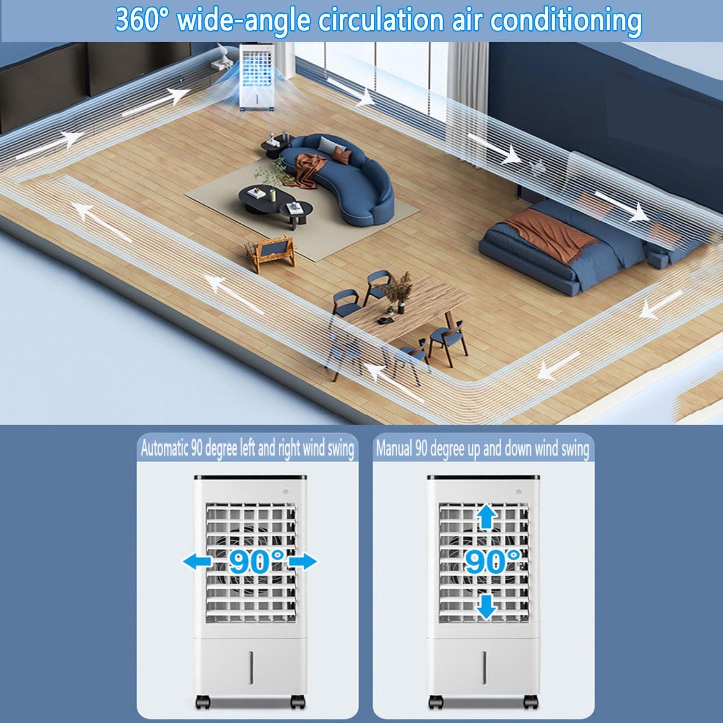 GENERIC Refroidisseur D'air Par évaporation Avec Oscillation à 90°, Minuterie 15h, 3 Vitesses, Réservoir De 9 L, Refroidisseur De Marais Portable Pour Chambre à Coucher, Bureau, Sans Fenêtre