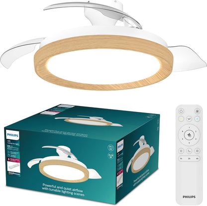  PHILIPS Solr Ventilateur à Pales Rétractables Avec LED, 3 Pales, Envergure 106 Cm, 4500 Lumens, 3 Nuances De Lumière Blanche (2700 K/4000 K/5500 K), Gradation Jusqu'à 10%, Avec Télécommande, Blanc