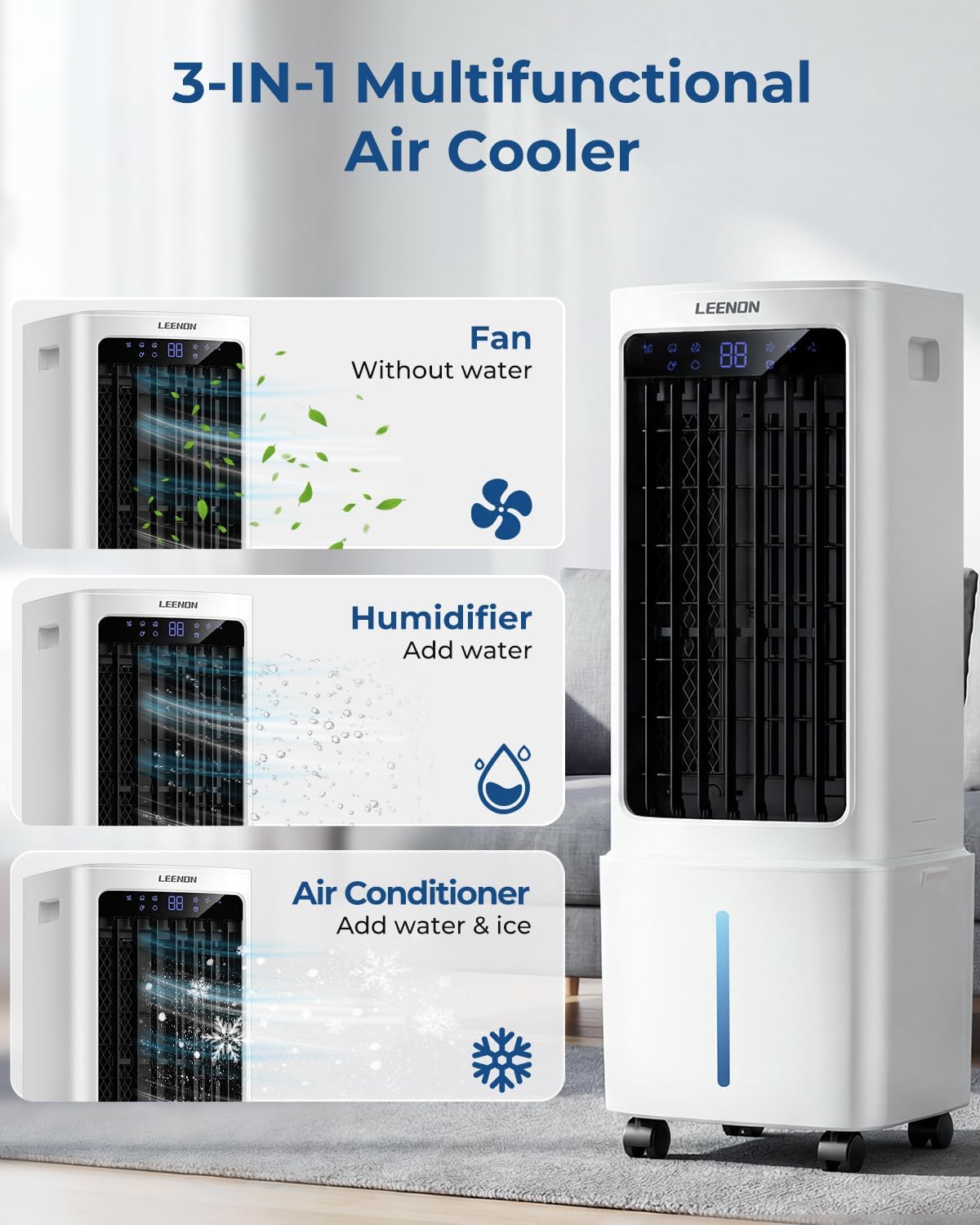  LEENON 9L Climatiseur Mobile Avec Télécommande, Rafraichisseur D'air Silencieux Avec Oscillant Et 3 Vitesses, 3 Modes, Minuterie 12H Climatisation Portable Pour La Maison Et Le Bureau - Blanc