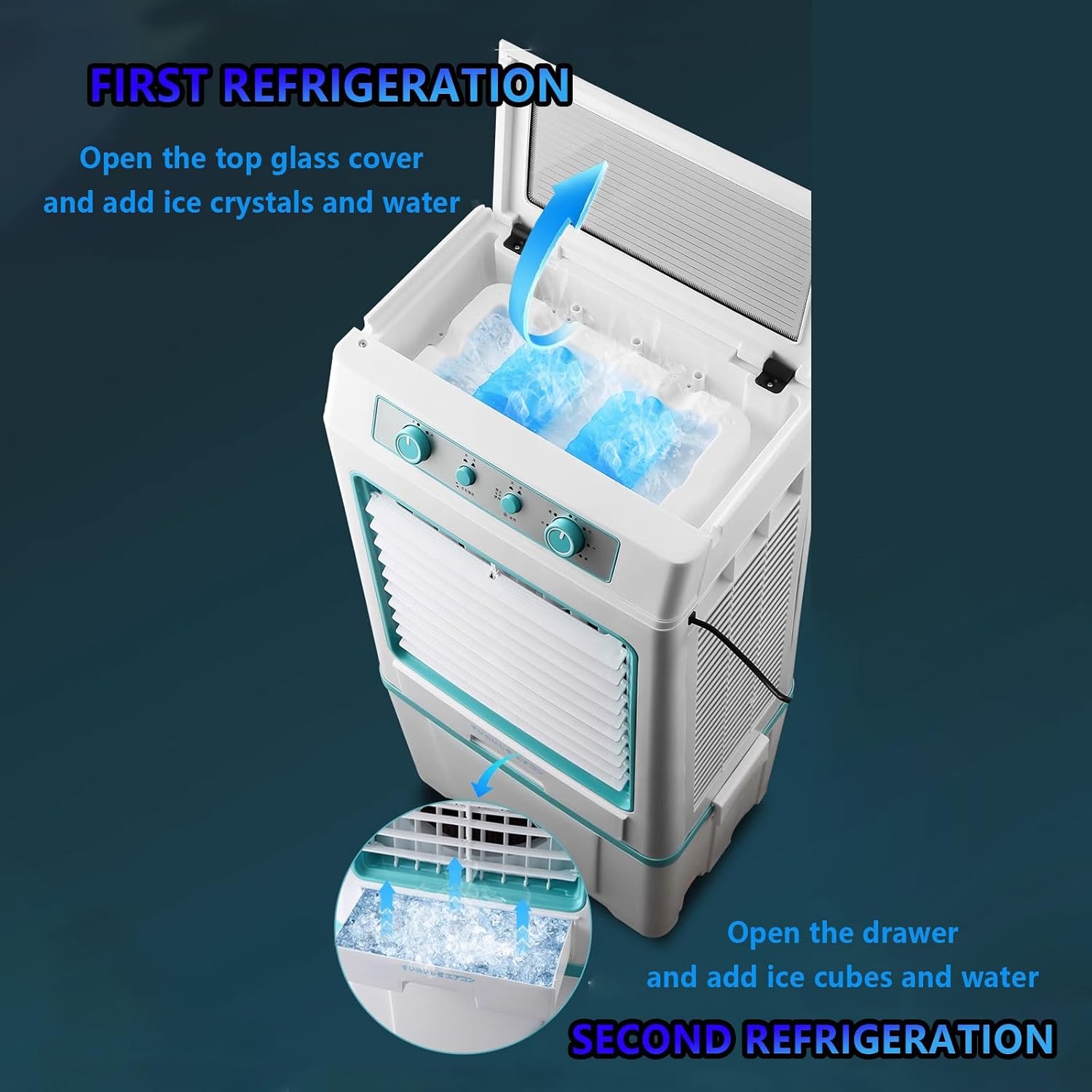 GENERIC Refroidisseur D'évaporation Portable Avec Paquet De Glace, Réservoir D'eau 40L, 3 Vitesses, Roues Universelles, Double Filtration, Flux D'air Grand Angle Pour Garage Patio à Usage Domestique Solution