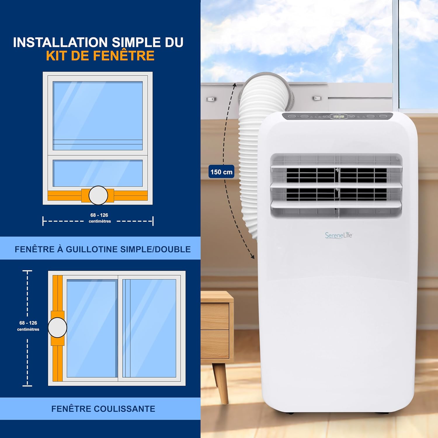 SereneLife Climatiseur Mobile 9000 BTU Avec Chauffage – Climatiseur Réversible Portable 4 En 1, Jusqu’à 41 M², Déshumidificateur, Ventilateur, Télécommande, Kit Fenêtre, Blanc
