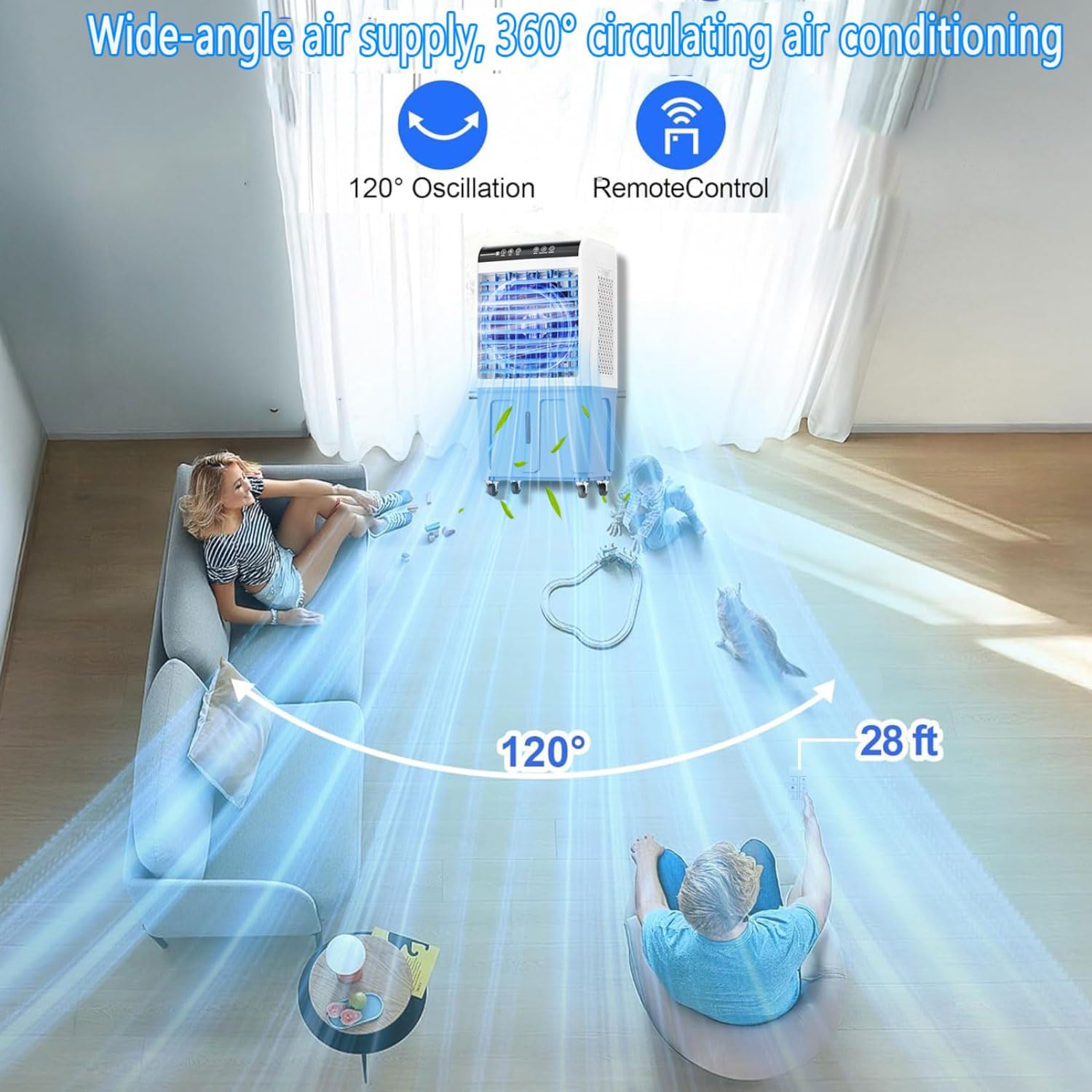  Refroidisseur D'air Par évaporation Avec Grand Réservoir D'eau, Climatiseur Portable Avec Bloc Réfrigérant, Oscillation à 120°, 3 Vitesses, Sans Tuyau, Pour Garage, Jardi