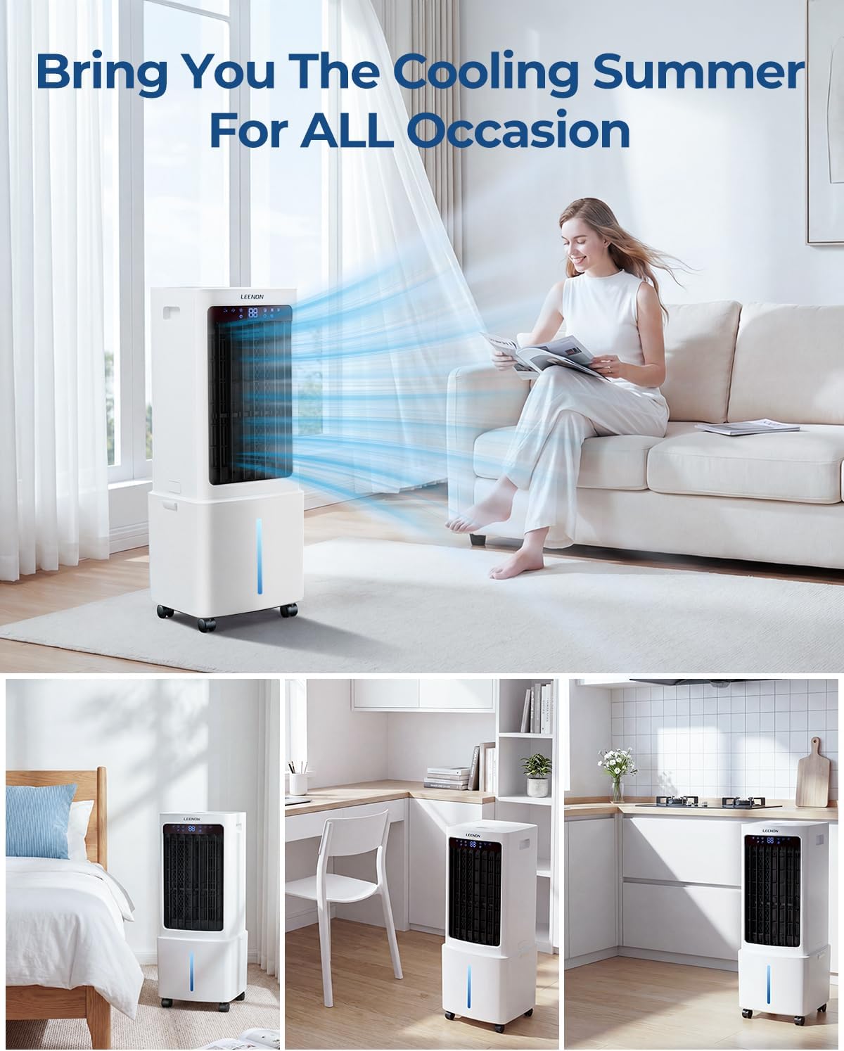  LEENON 9L Climatiseur Mobile Avec Télécommande, Rafraichisseur D'air Silencieux Avec Oscillant Et 3 Vitesses, 3 Modes, Minuterie 12H Climatisation Portable Pour La Maison Et Le Bureau - Blanc