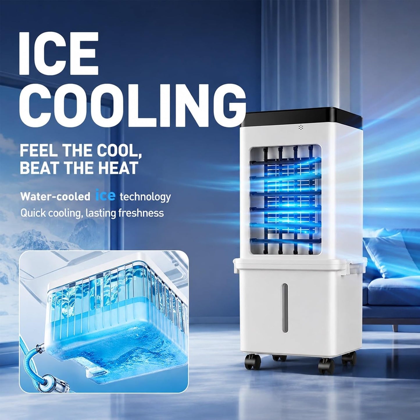  Rafraichisseur D'air Portable, Refroidisseur à Marais Avec Réservoir D'Eau Amovible De 10 L, Climatiseur Sans Fenêtre Oscillant à 3 Vitesses Pour Pièce, Chambre Et Bureau