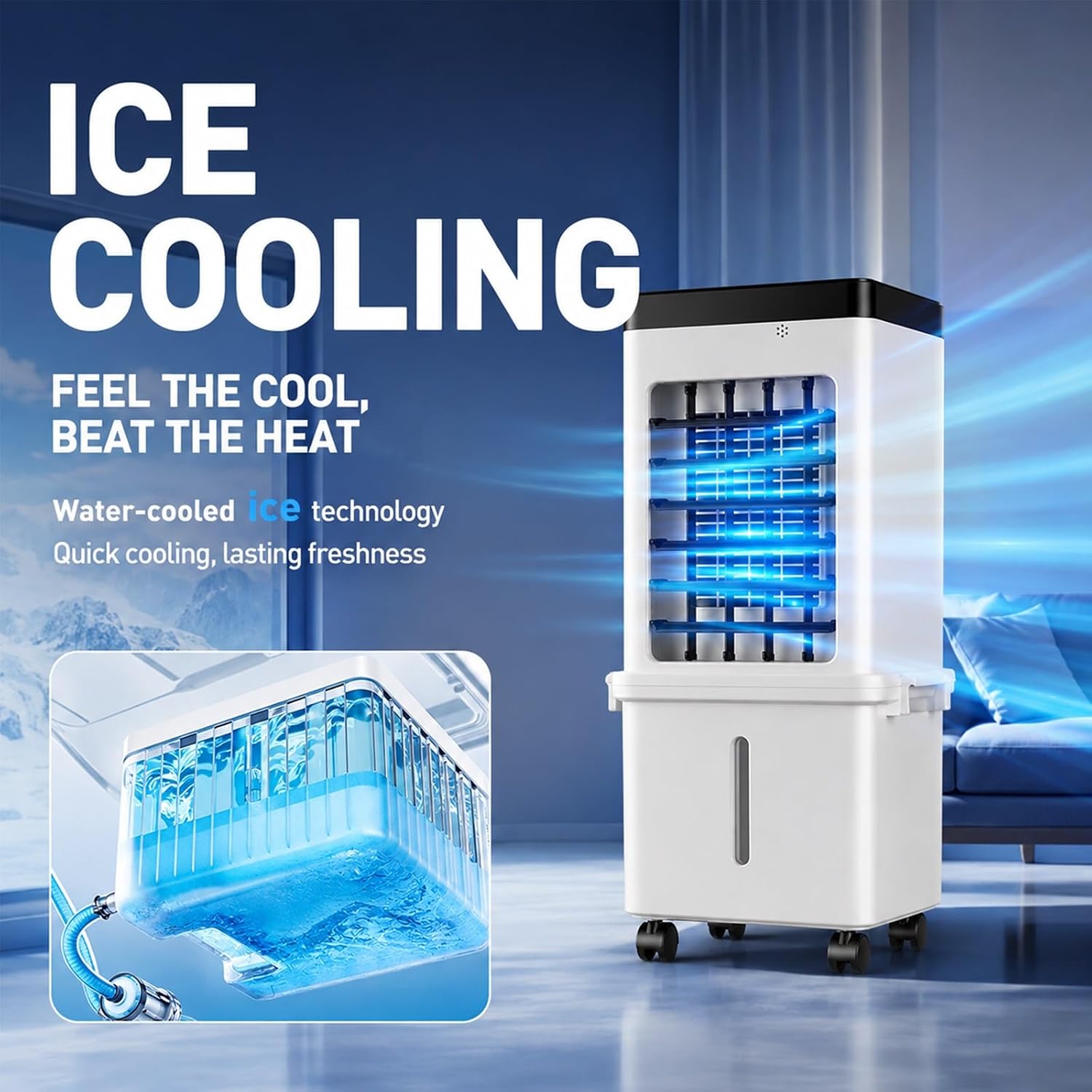  Rafraichisseur D'air Portable, Refroidisseur à Marais Avec Réservoir D'Eau Amovible De 10 L, Climatiseur Sans Fenêtre Oscillant à 3 Vitesses Pour Pièce, Chambre Et Bureau