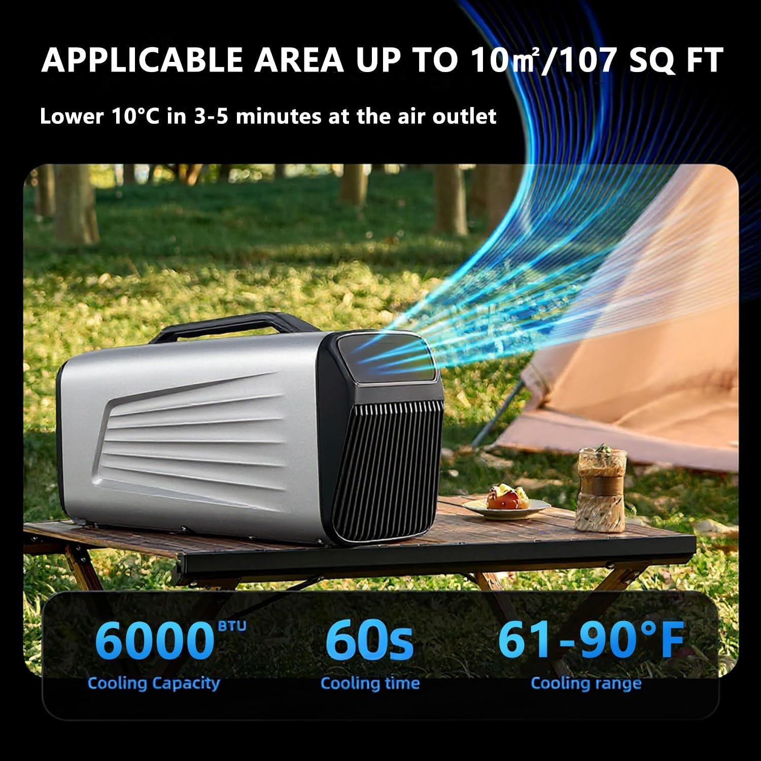  Climatiseur Portable 6000 BTU - Climatiseur De Camping Avec Déshumidificateur, Minuterie 24 H, Conception Ultra-silencieuse, Conduit D'évacuation Inclus, Utilisation Intérieure Et Extérieure, Refroi