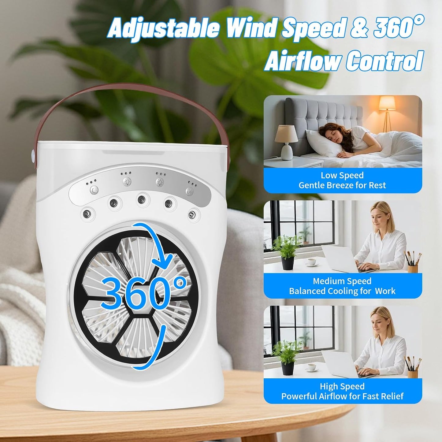  Mini Climatiseur Portable Avec Fonction 3 En 1 : Refroidissement, Humidification Et Veilleuse, 3 Niveaux De Vent, Réservoir D'eau De 550 Ml, Orientable à 180°, Lumière COB Et Lumière De Couleur, USB-C