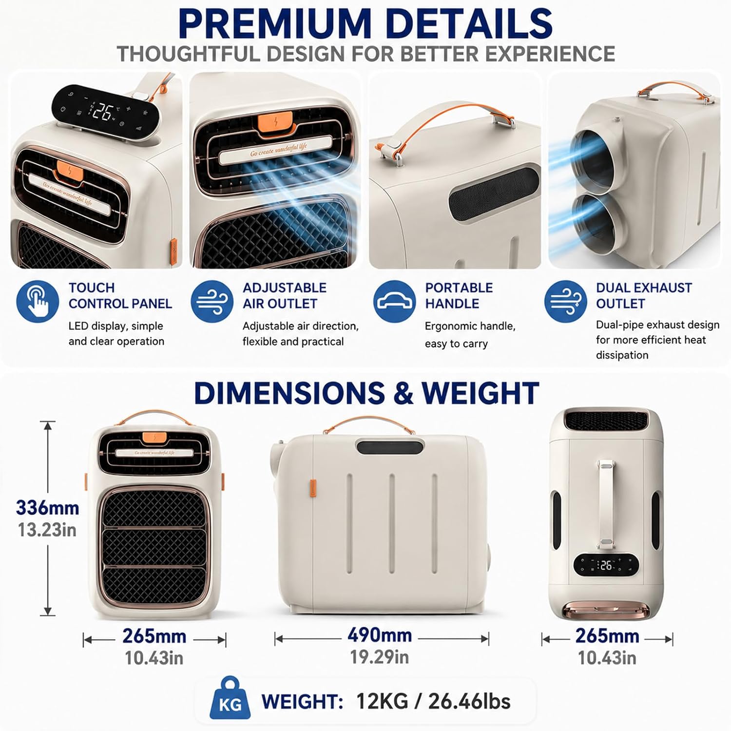  Climatiseur De Tente Portable, Climatisation 5000 BTU Cooling&Heating | Double Tuyau, Compresseur, Refroidissement 3s, Pour 5-10m², Basse Consommation 420W, Silencieux 45dB