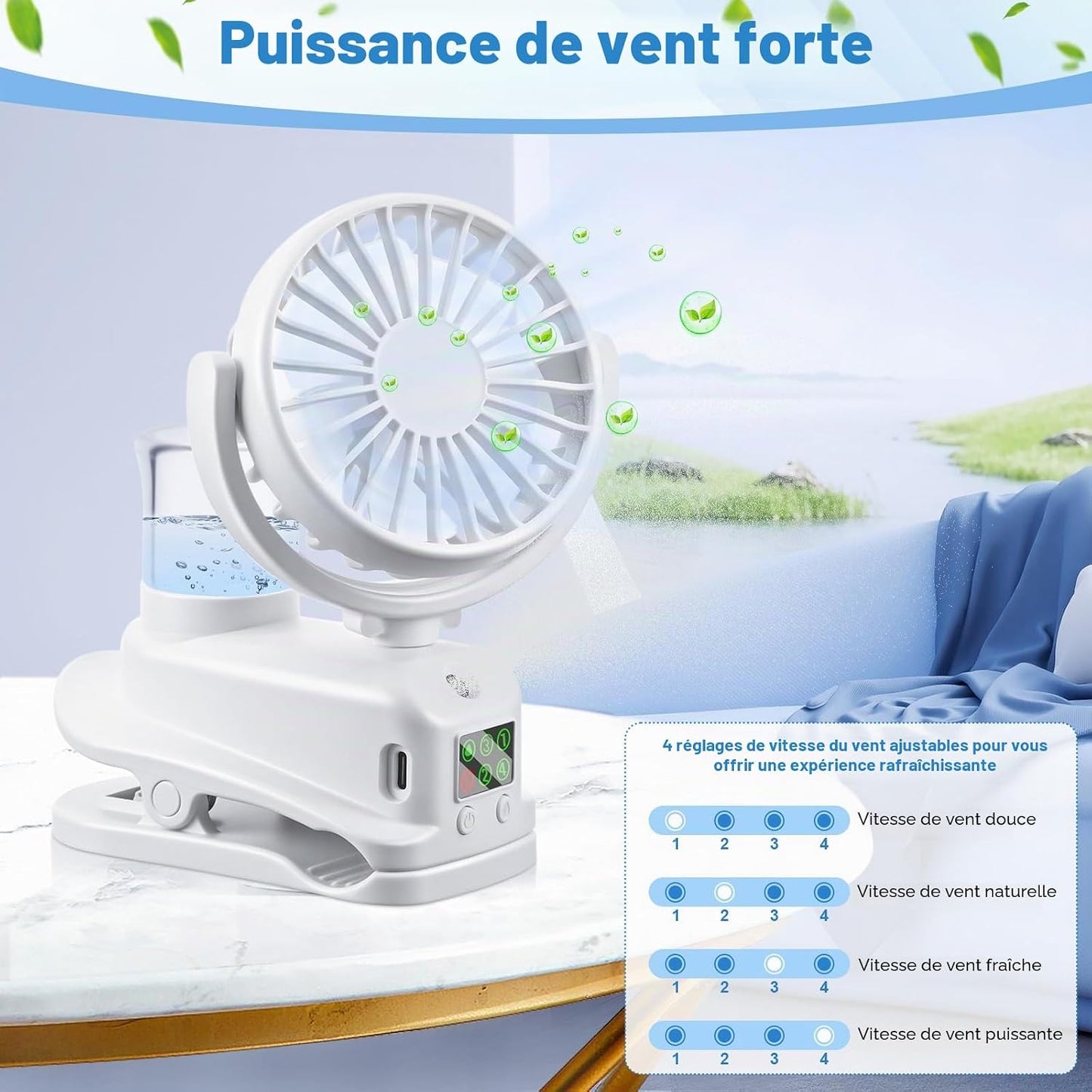  JIZZU Ventilateur à Pince, Mini Ventilateur Rechargeable Par USB Avec Spray Humidificateur, à 4 Vitesses Avec Clip, Affichage LED, Small Table Fan Pour Bureau, Maison, Camping - Blanc