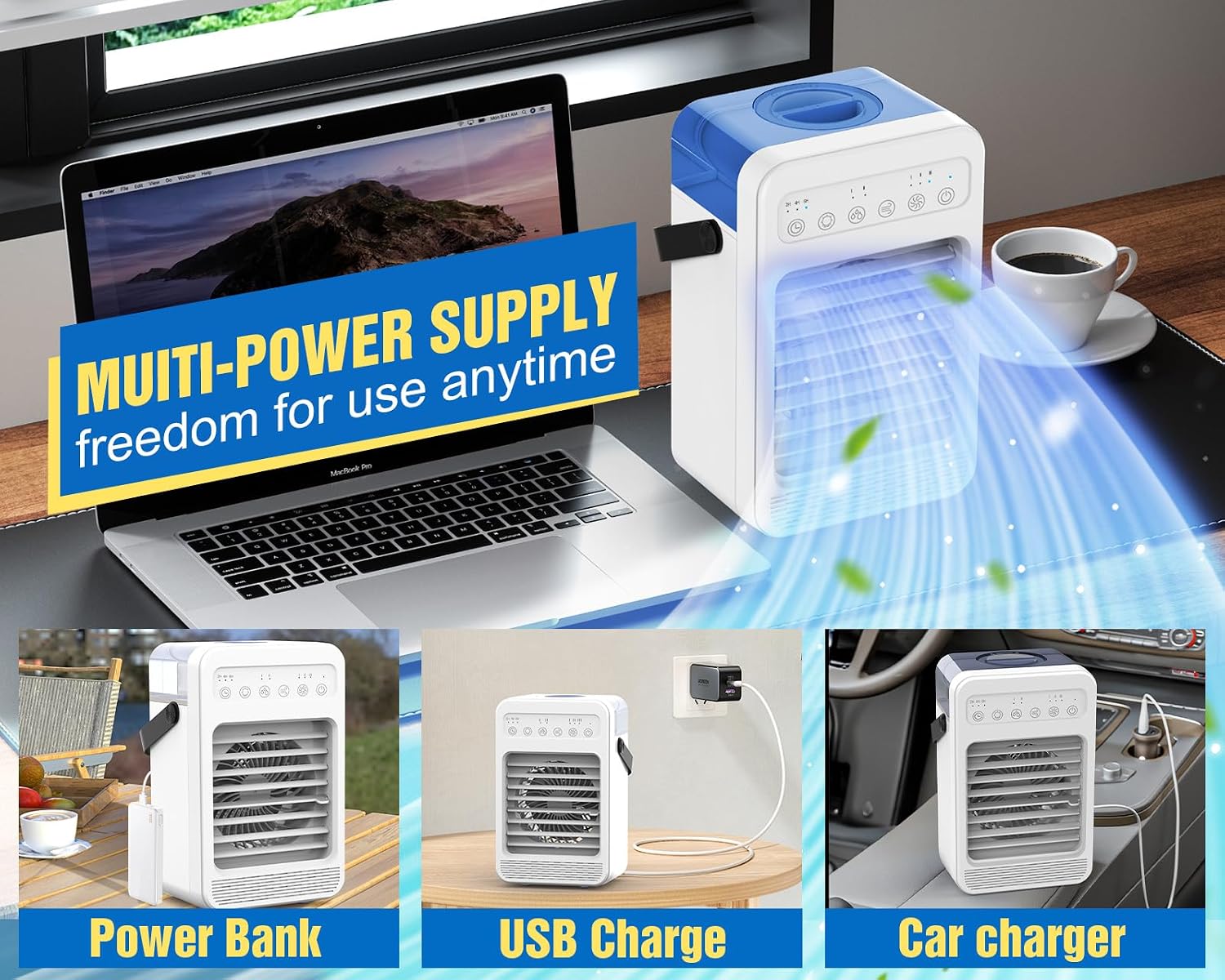  Climatiseur Portable, écran Tactile Avec 4 Vitesses, Réservoir De 600 Ml, Minuteries De 2 à 4 à 6 Heures Et Lumières LED, Unité AC Portable, Mini Ventilateur De Refroidissement Personnel Pour Chambre