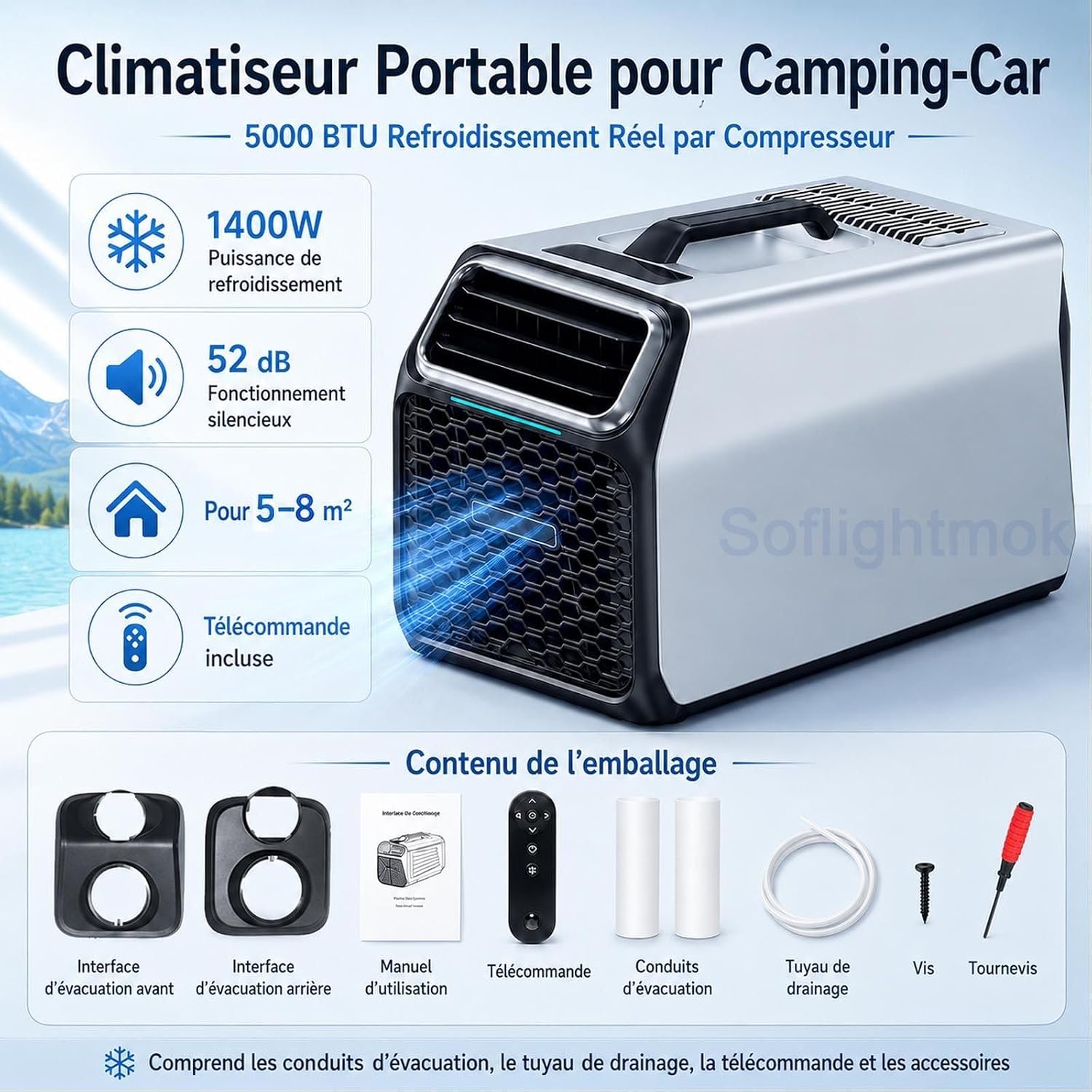  Climatiseur Mobile Pour Maison Camping-Car, Tente Et Atelier Silver-220V | Auto-évaporation Et Tuyau De Drainage Inclus Pour Réduire Les Vidanges En Climat Chaud Ou Humide.